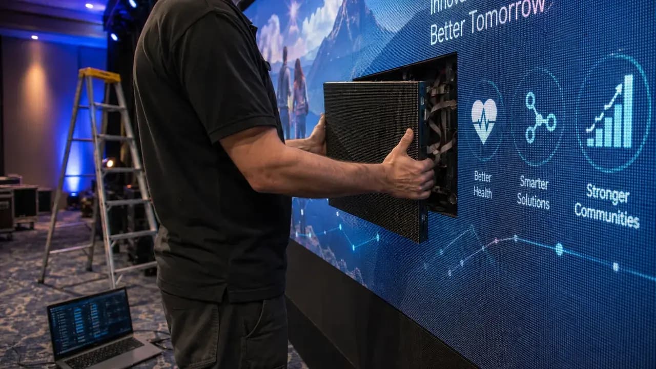 Technician removing an LED panel module from a video wall